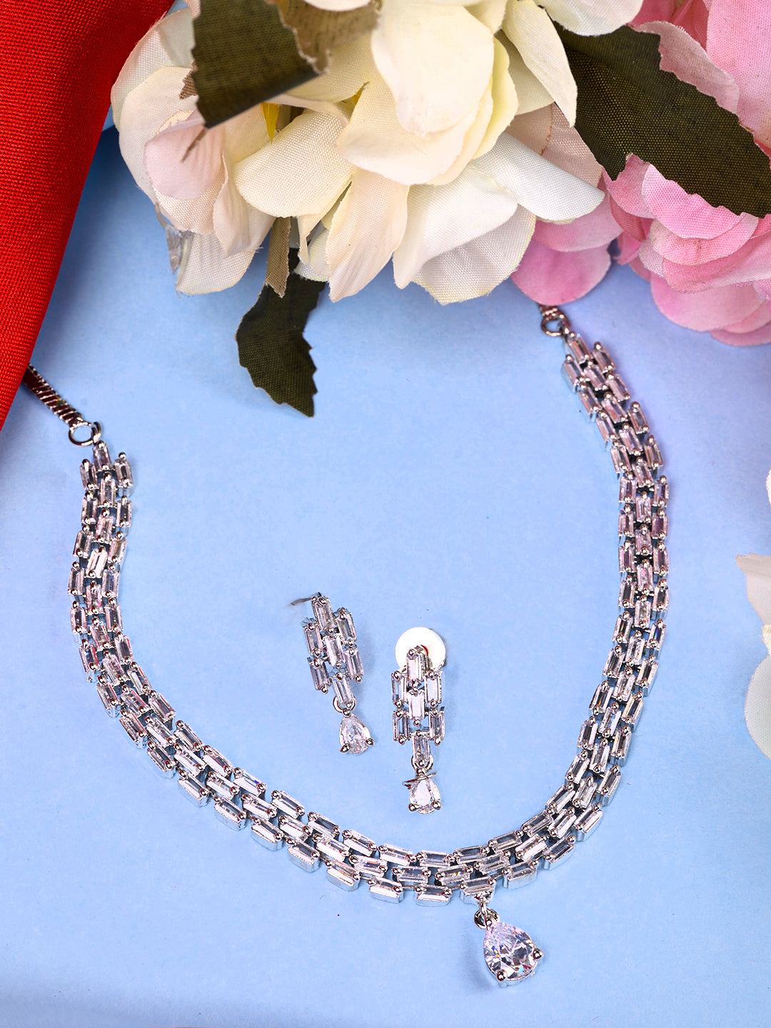 White Rhodium Plated AD studded Necklace Earrings Jewellery Set, zaveri pearls, sale price rs, sale price, sale gold plated, sale gold, sale, rubans, ring, regular price, priyassi jewellery,